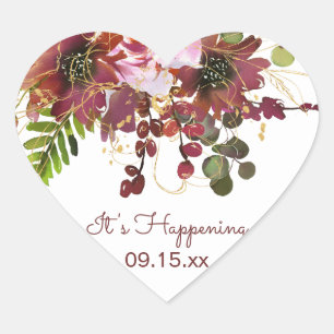 Burgundy Gold Blush Pink Floral Save the Date Hart Sticker