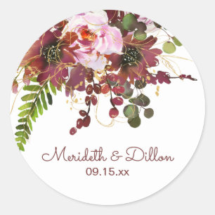 Burgundy Gold Blush Pink Floral Save the Date Ronde Sticker