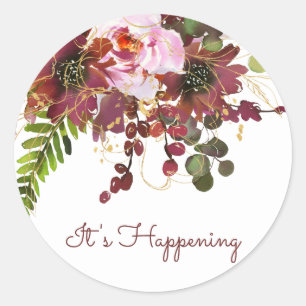 Burgundy Gold Blush Pink Floral Save the Date Ronde Sticker