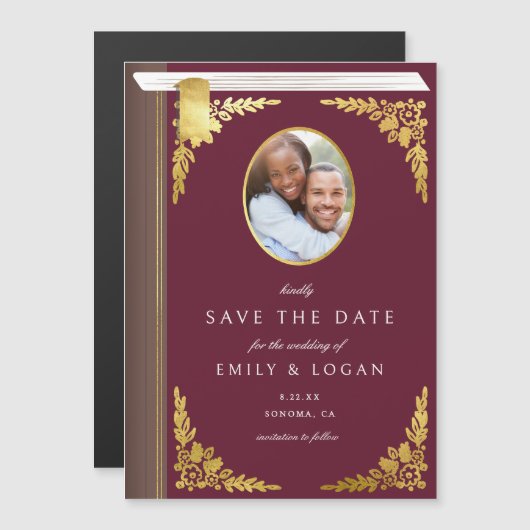 Burgundy Gold Book Wedding Save The Date Card Magnetische Uitnodiging (Voorkant / Achterkant)
