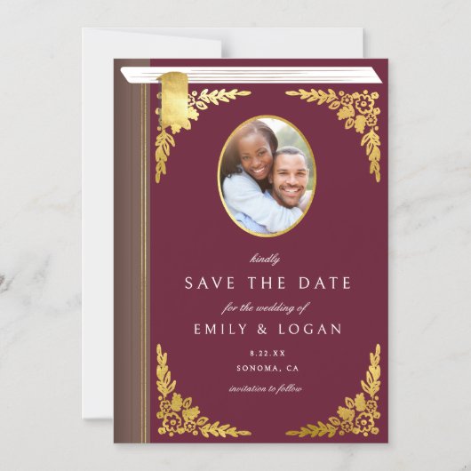 Burgundy Gold Book Wedding Save The Date Card Magnetische Uitnodiging (Voorkant)