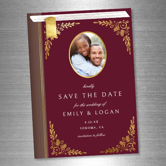 Burgundy Gold Book Wedding Save The Date Card Magnetische Uitnodiging