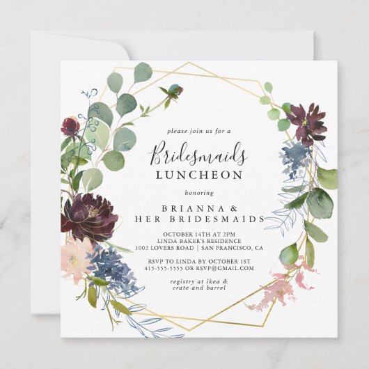 Burgundy Gold Bridesmaids Luncheon Shower Kaart (Voorkant)