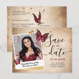 Burgundy Gold Butterfly Quince Foto Save the Date Aankondigingskaart
