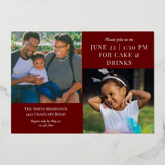 Burgundy Gold Calligraphy Photo Afstuderen Folie Uitnodiging (Achterkant)