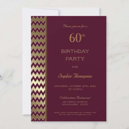 Burgundy Gold Chevron Striped 60th Birthday Party Kaart (Voorkant)