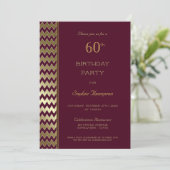 Burgundy Gold Chevron Striped 60th Birthday Party Kaart (Staand voorkant)