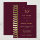 Burgundy Gold Chevron Striped 60th Birthday Party Kaart (Voorkant / Achterkant)