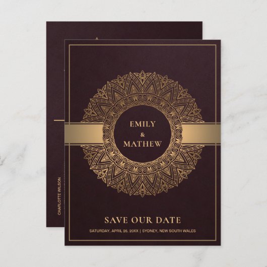 BURGUNDY GOLD CLASSIC  MANDALA BEWAART DE DATUM AANKONDIGINGSKAART (Voorkant / Achterkant)