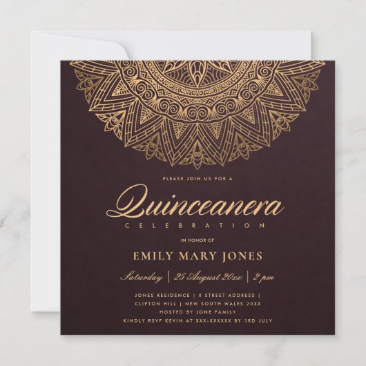 BURGUNDY GOLD CLASSIC  MANDALA QUINCEANERA KAART (Voorkant)