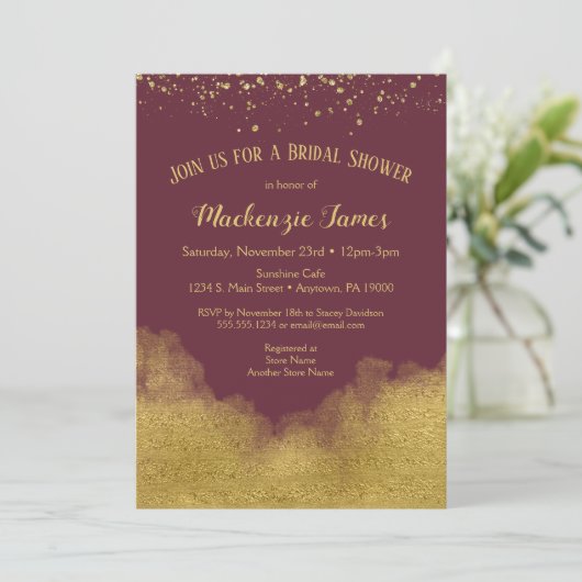Burgundy Gold Confetti Bridal Shower Kaart (Staand voorkant)
