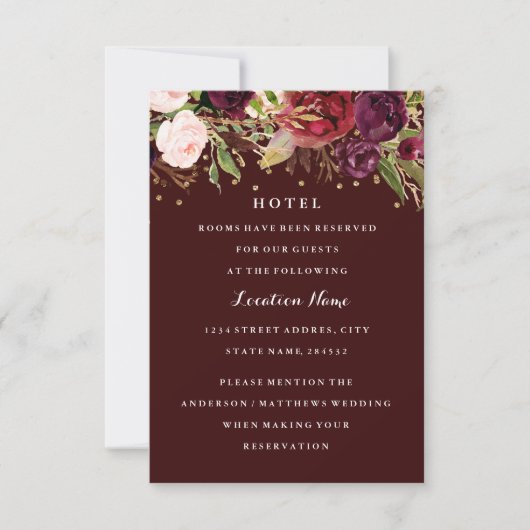Burgundy Gold Confetti Floral Fall Wedding Hotel Kaart (Voorkant)