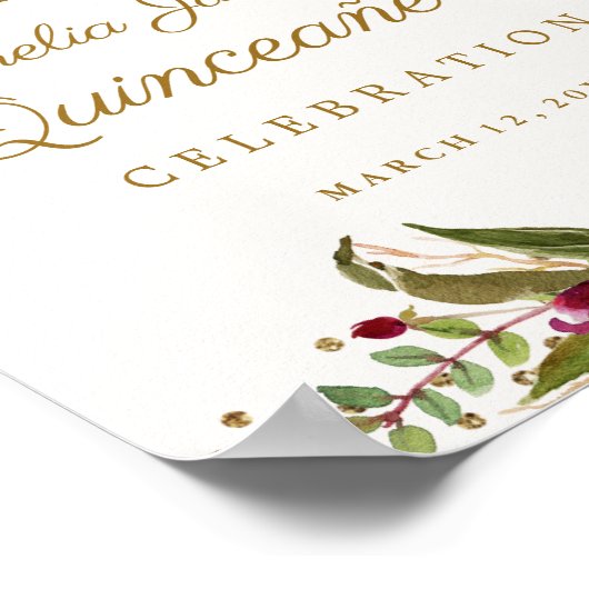Burgundy Gold Confetti Floral Quinceanera Sign. Poster (Hoek)
