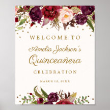 Burgundy Gold Confetti Floral Quinceanera Sign.