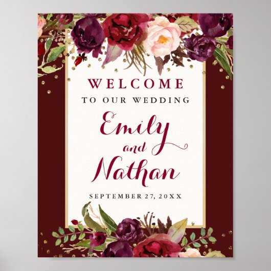 Burgundy Gold Confetti Floral Wedding Sign Poster (Voorkant)