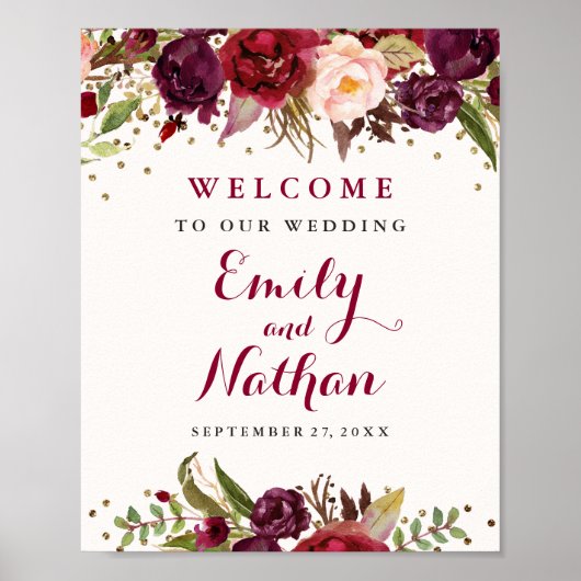 Burgundy Gold Confetti Floral Wedding Sign Poster (Voorkant)