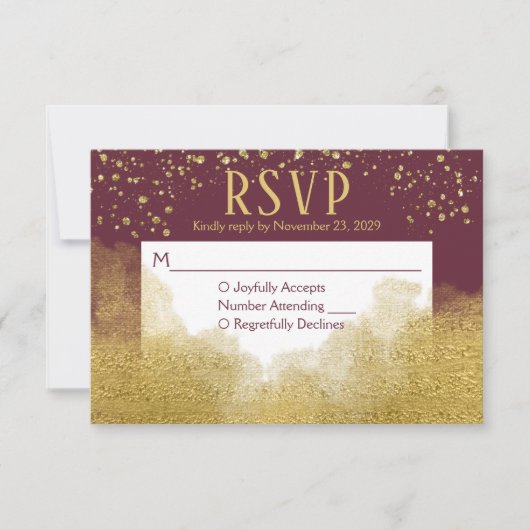 Burgundy Gold Confetti RSVP Weddenschap (Voorkant)
