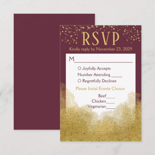 Burgundy Gold Confetti RSVP Wedding Response Meal Kaartje (Voorkant / Achterkant)