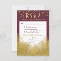 Burgundy Gold Confetti RSVP Wedding Response Meal