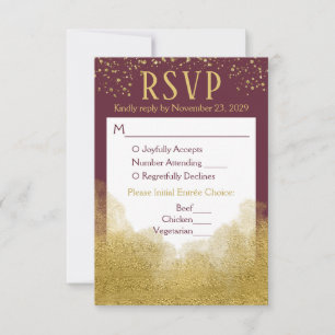 Burgundy Gold Confetti RSVP Wedding Response Meal Kaartje