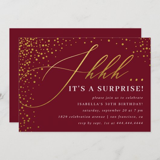 Burgundy & Gold Confetti Script Surprise Party Kaart (Voorkant / Achterkant)