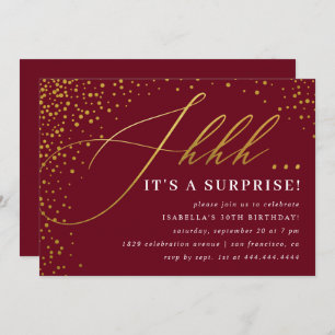 Burgundy & Gold Confetti Script Surprise Party Kaart