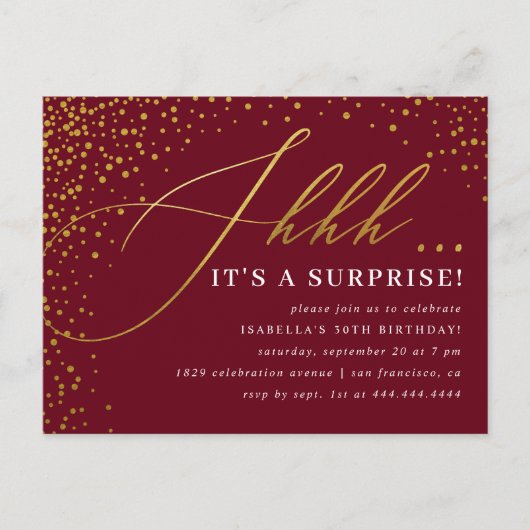Burgundy & Gold Confetti Script Surprise Party Uitnodiging Briefkaart (Voorkant)