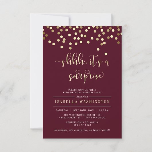 Burgundy & Gold Confetti Surprise Birthday Party Kaart (Voorkant)