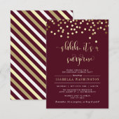 Burgundy & Gold Confetti Surprise Birthday Party Kaart (Voorkant / Achterkant)