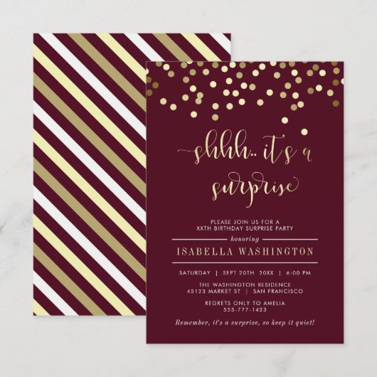 Burgundy & Gold Confetti Surprise Birthday Party Kaart (Voorkant / Achterkant)