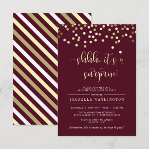 Burgundy & Gold Confetti Surprise Birthday Party Kaart