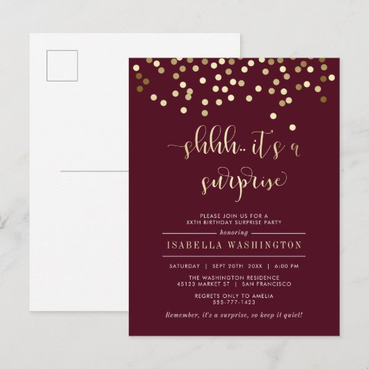 Burgundy & Gold Confetti Surprise Birthday Party Uitnodiging Briefkaart (Voorkant / Achterkant)