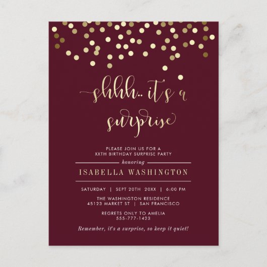 Burgundy & Gold Confetti Surprise Birthday Party Uitnodiging Briefkaart (Voorkant)