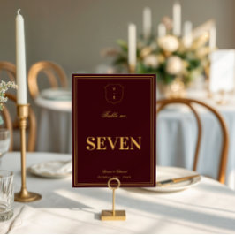 Burgundy Gold Crest Monogram Wedding Table Number Kaart