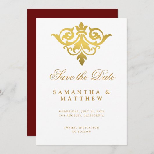 Burgundy Gold Damask Indian Wedding Save the Date (Voorkant / Achterkant)