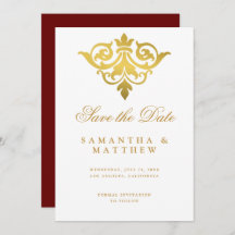 Burgundy Gold Damask Indian Wedding Save the Date