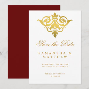 Burgundy Gold Damask Indian Wedding Save the Date