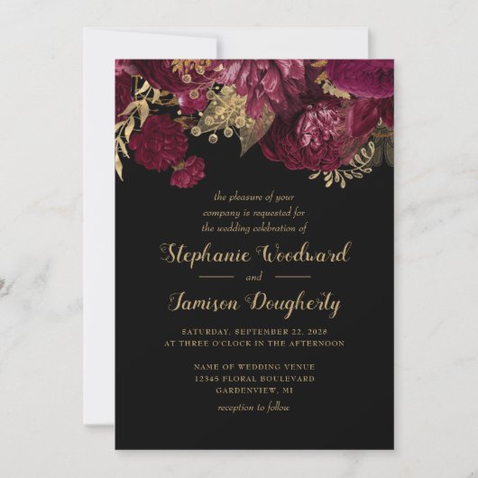 Burgundy Gold Dark Floral Weddenschap Kaart (Voorkant)