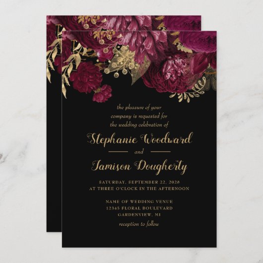 Burgundy Gold Dark Floral Weddenschap Kaart (Voorkant / Achterkant)