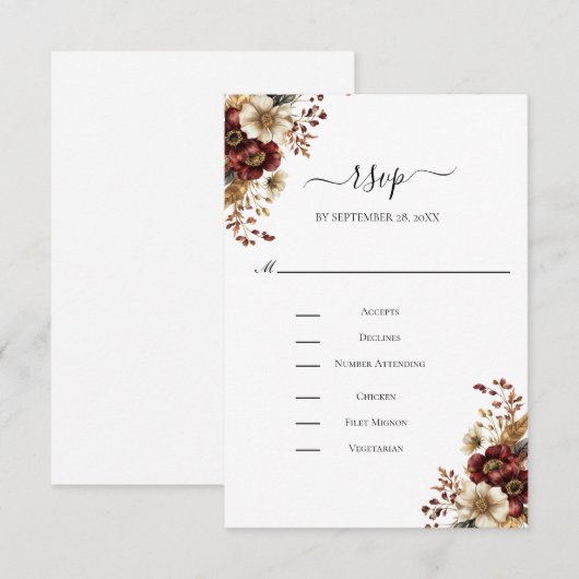 Burgundy Gold Dinner Entrée Wedding RSVP Kaartje (Voorkant / Achterkant)