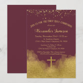 Burgundy Gold Eerste Heilige Communauteit Uitnodig Kaart (Voorkant / Achterkant)