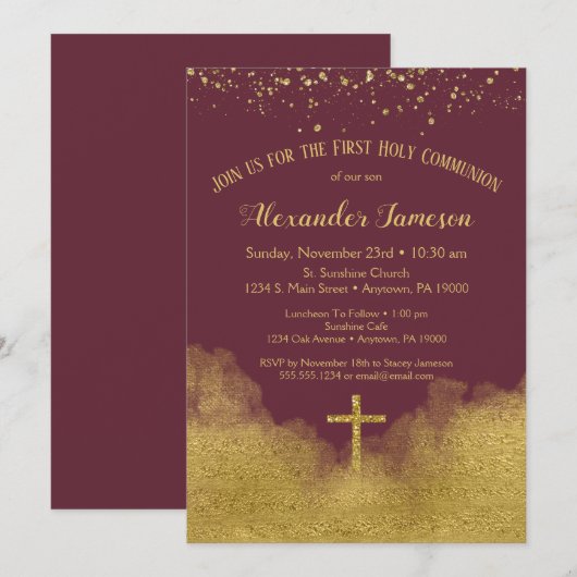 Burgundy Gold Eerste Heilige Communauteit Uitnodig Kaart (Voorkant / Achterkant)