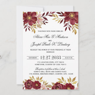 Burgundy Gold Elegant Modern Wedding Invitation Kaart