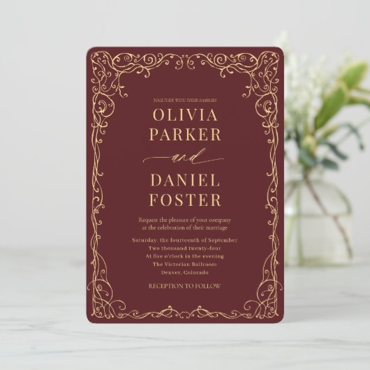 Burgundy Gold Elegant Modern Wedding Kaart (Staand voorkant)