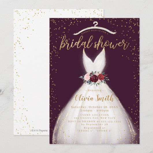 Burgundy Gold Elegant Wedding Dress Vrijgezellenfe Kaart (Voorkant / Achterkant)