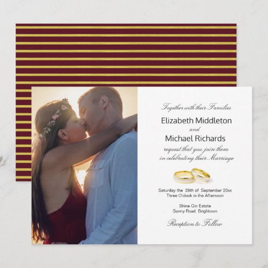 Burgundy Gold Elegant Wedding Photo Uitnodiging (Voorkant / Achterkant)