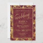 Burgundy & Gold Fall Leaves Stylish Script Wedding Kaart (Voorkant)