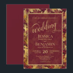 Burgundy & Gold Fall Leaves Stylish Script Wedding Kaart<br><div class="desc">This beautiful wedding invitation features a beautiful boho chic design with a watercolor background of a leaves and foliage in autumn or fall shades of burgundy and gold. It includes fancy script lettering with elaborate flourishes decorating the word "wedding" and the names of the bride and groom prominently displayed in...</div>