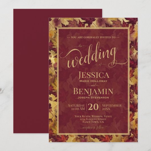 Burgundy & Gold Fall Leaves Stylish Script Wedding Kaart (Voorkant / Achterkant)
