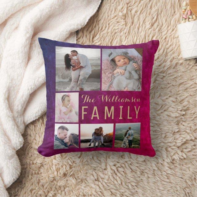 Burgundy Gold Family Photo Collage Throw Pillow Kussen (Deken)